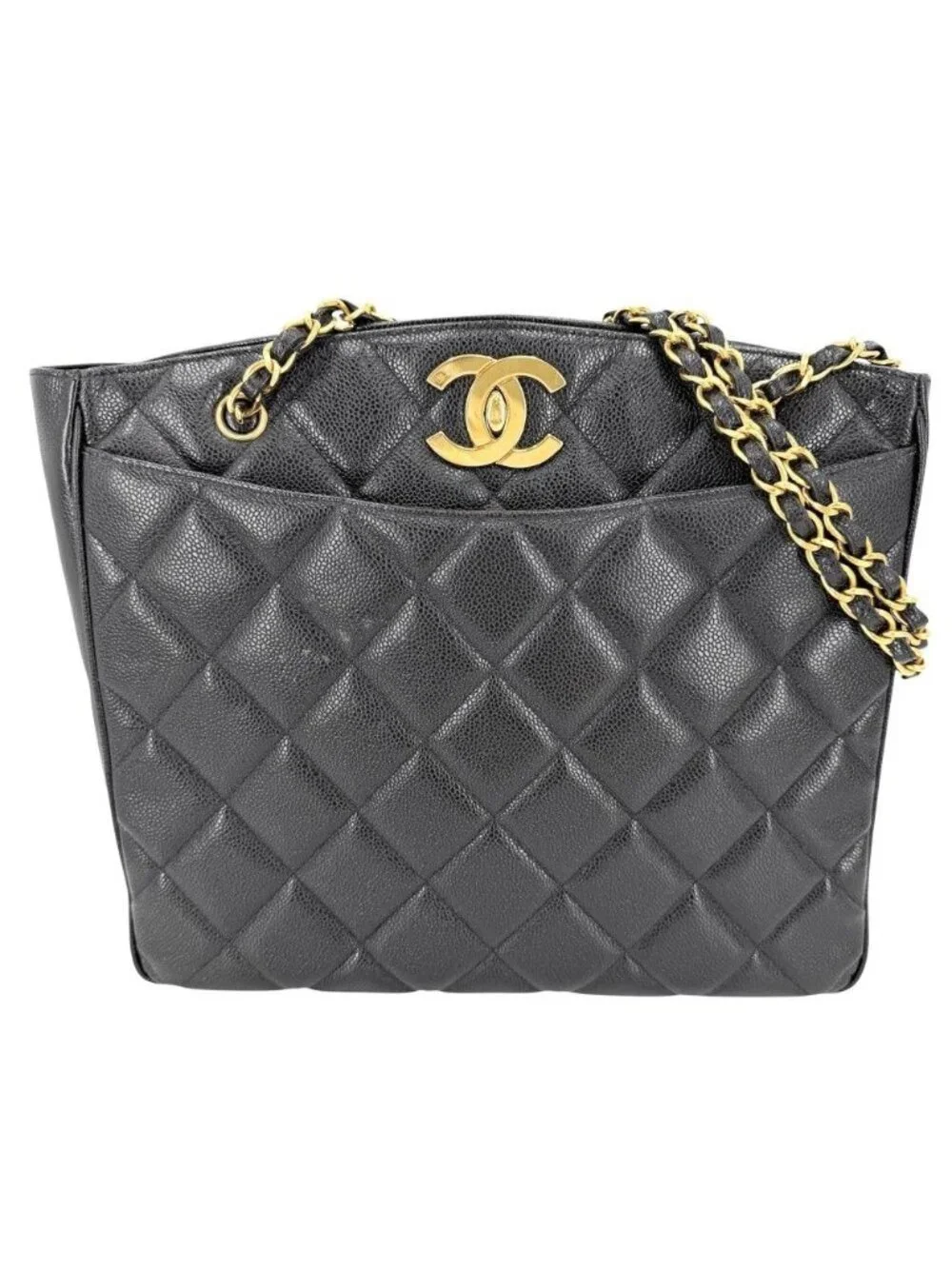 Chanel Big Handbag Quilted CC Logo Chain Tote Shoulder Caviar Leather Black Gold